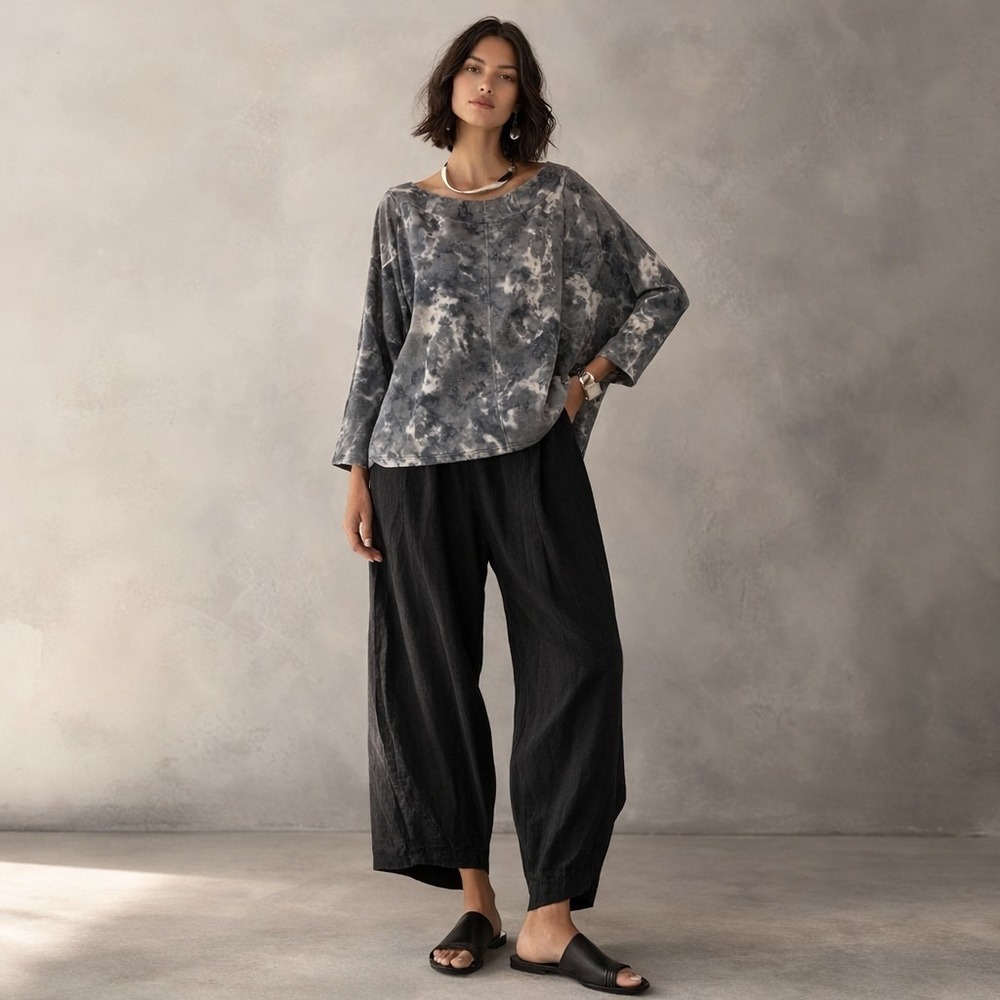 XCVI Bowie Top Blue Mountains Cave Wash Rayon Terry S Oversized Lagenlook Boho‎